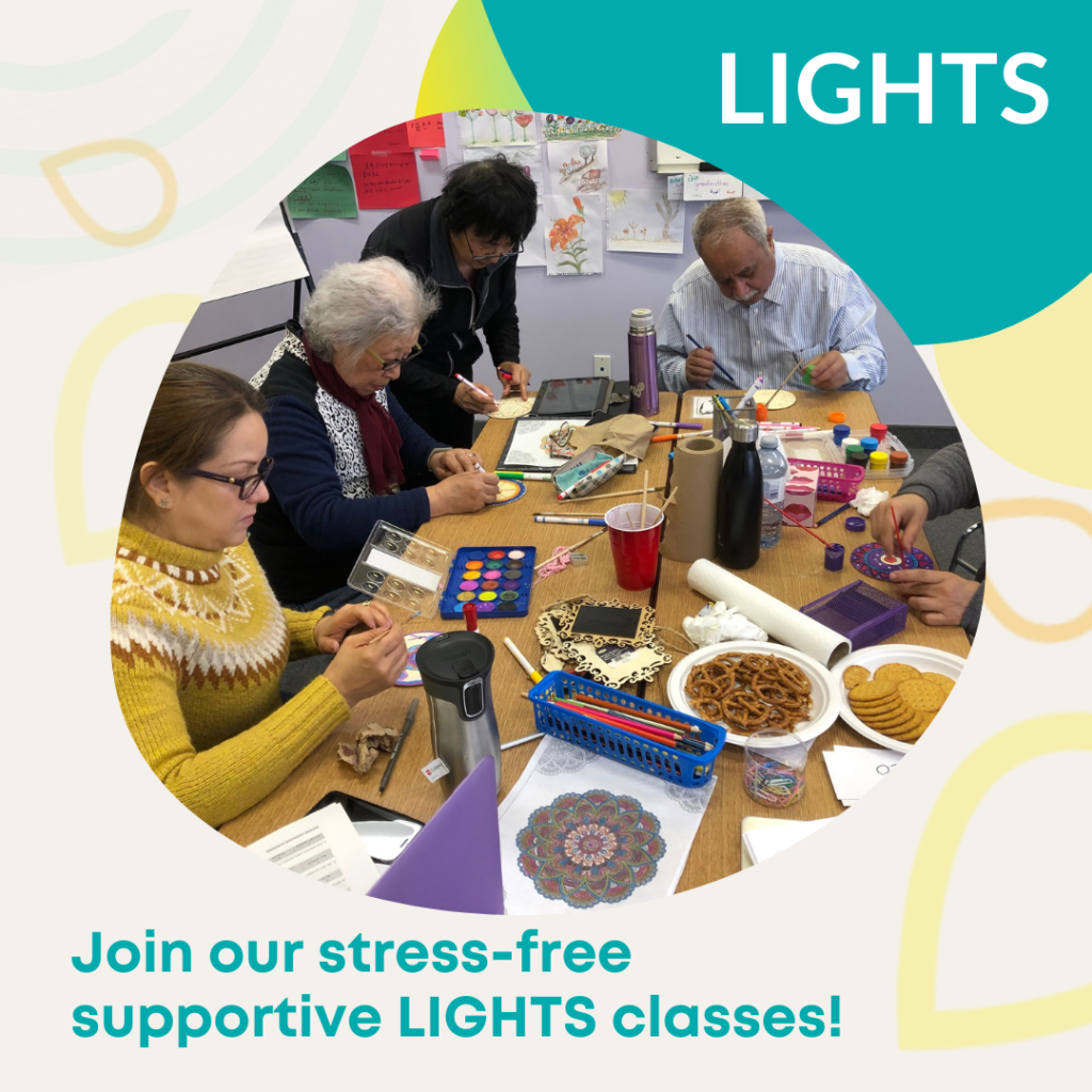 Group adults enjoy LIGHTS English and emotional wellbeing activities.