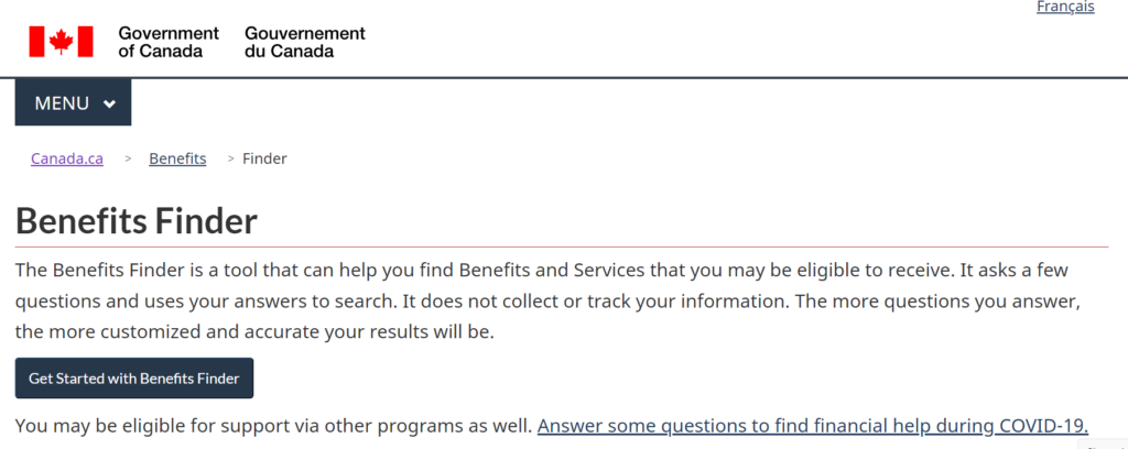 screenshot of the official website of the benefits Finder tool